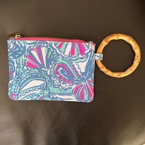 Lilly Pulitzer Blue and Pink Floral Wristlet with Bamboo Ring Handle